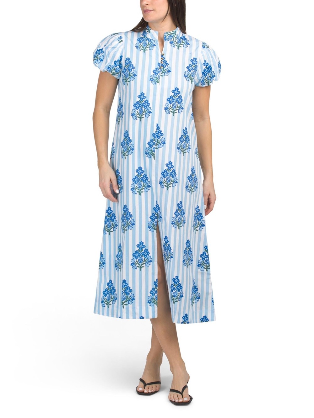 Sail to Sable Blue & White Floral Stripe Midi Dress